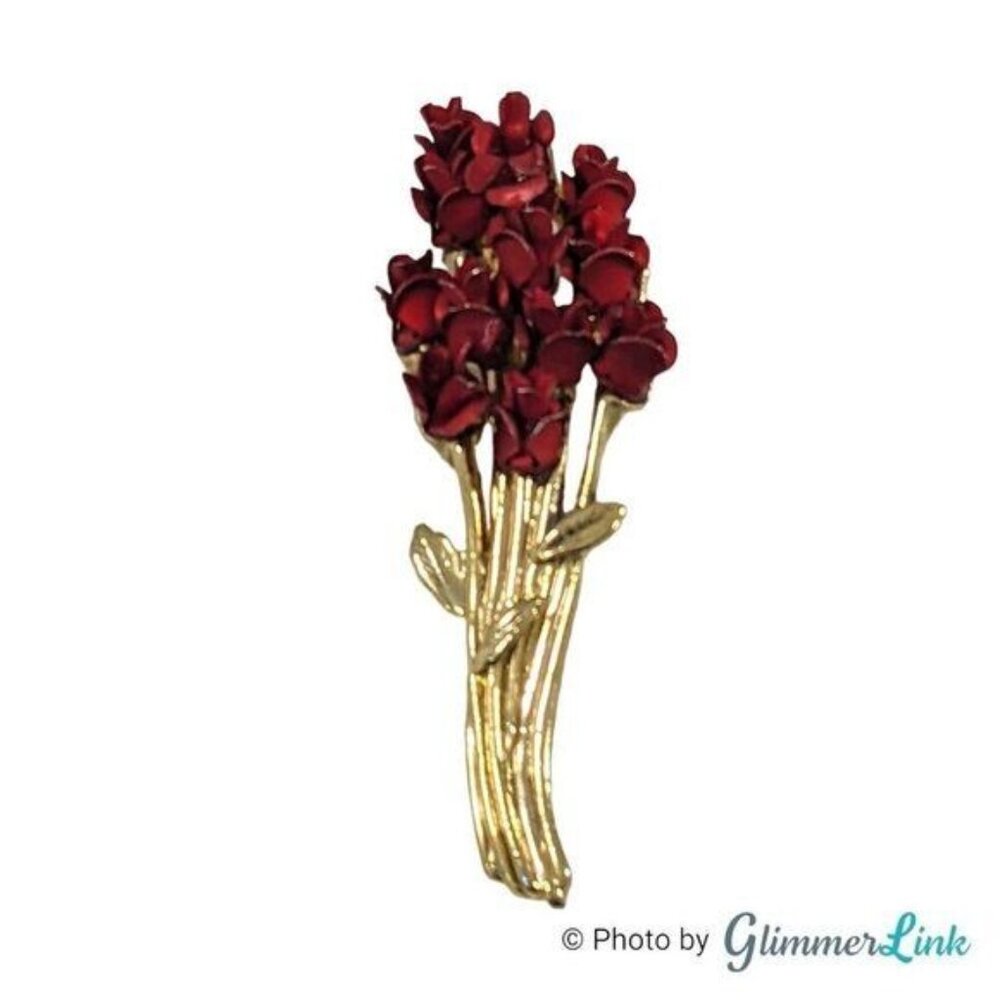 Vintage Red Rose Bouquet Brooch Gold Tone Dozen Roses Floral Pin Signed DM 97